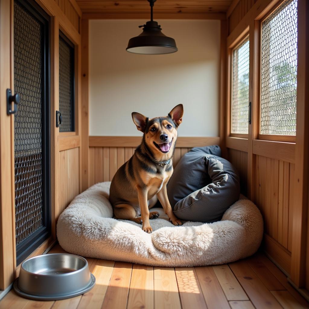 Dog resting comfortably in a spacious kennel at the Driftless Humane Society