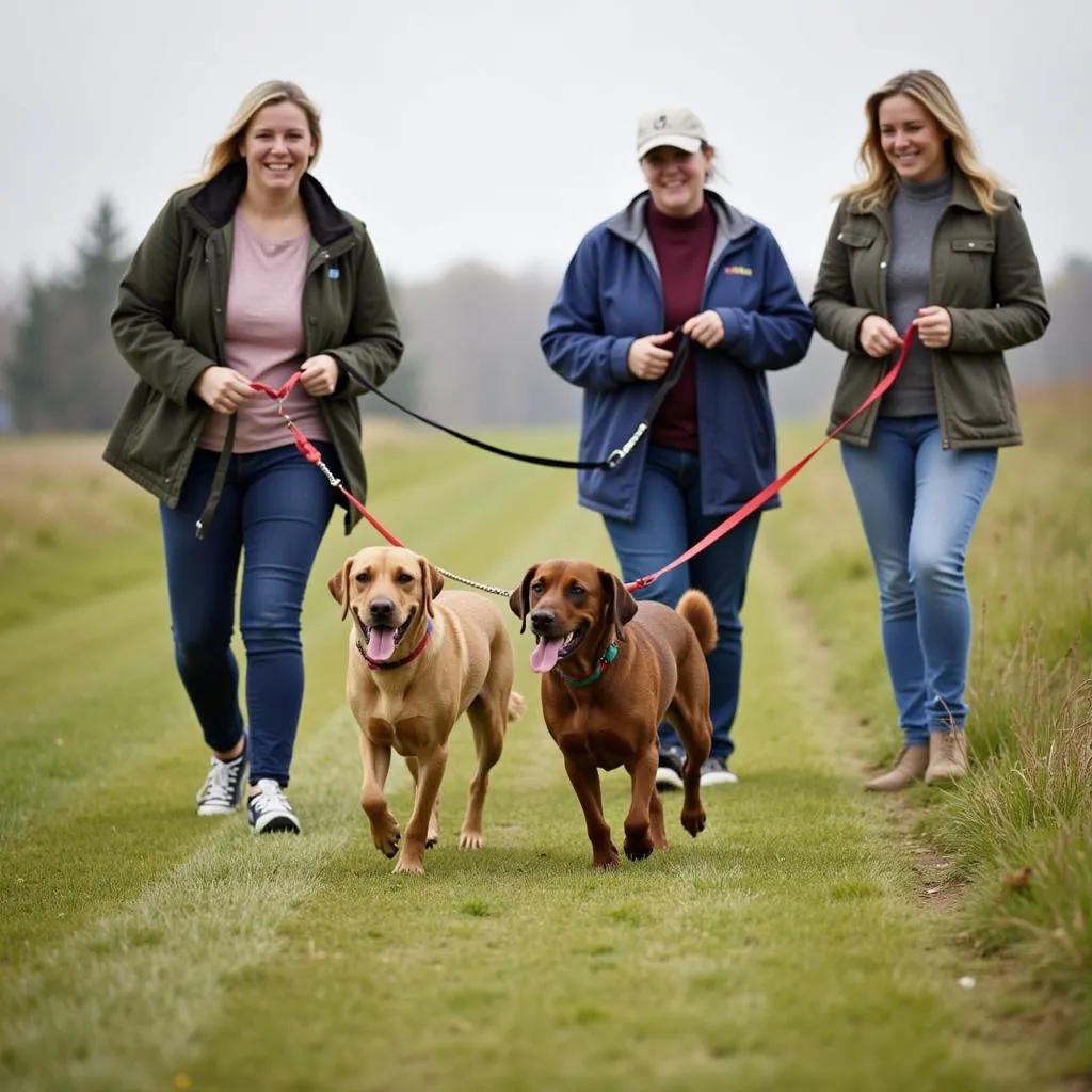 Volunteers walking dogs at the Dunn County Humane Society