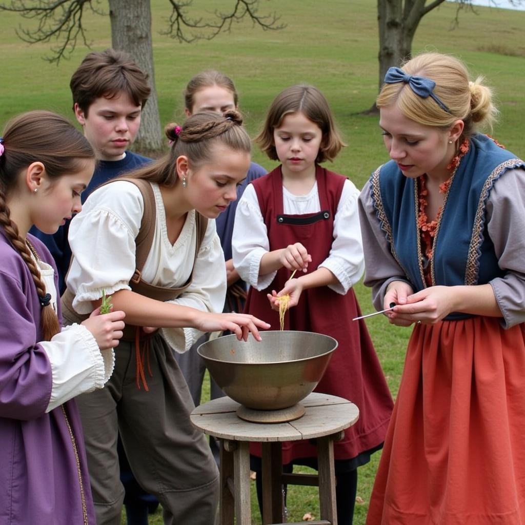 Visitors participating in a historical reenactment at the Duxbury Rural and Historical Society