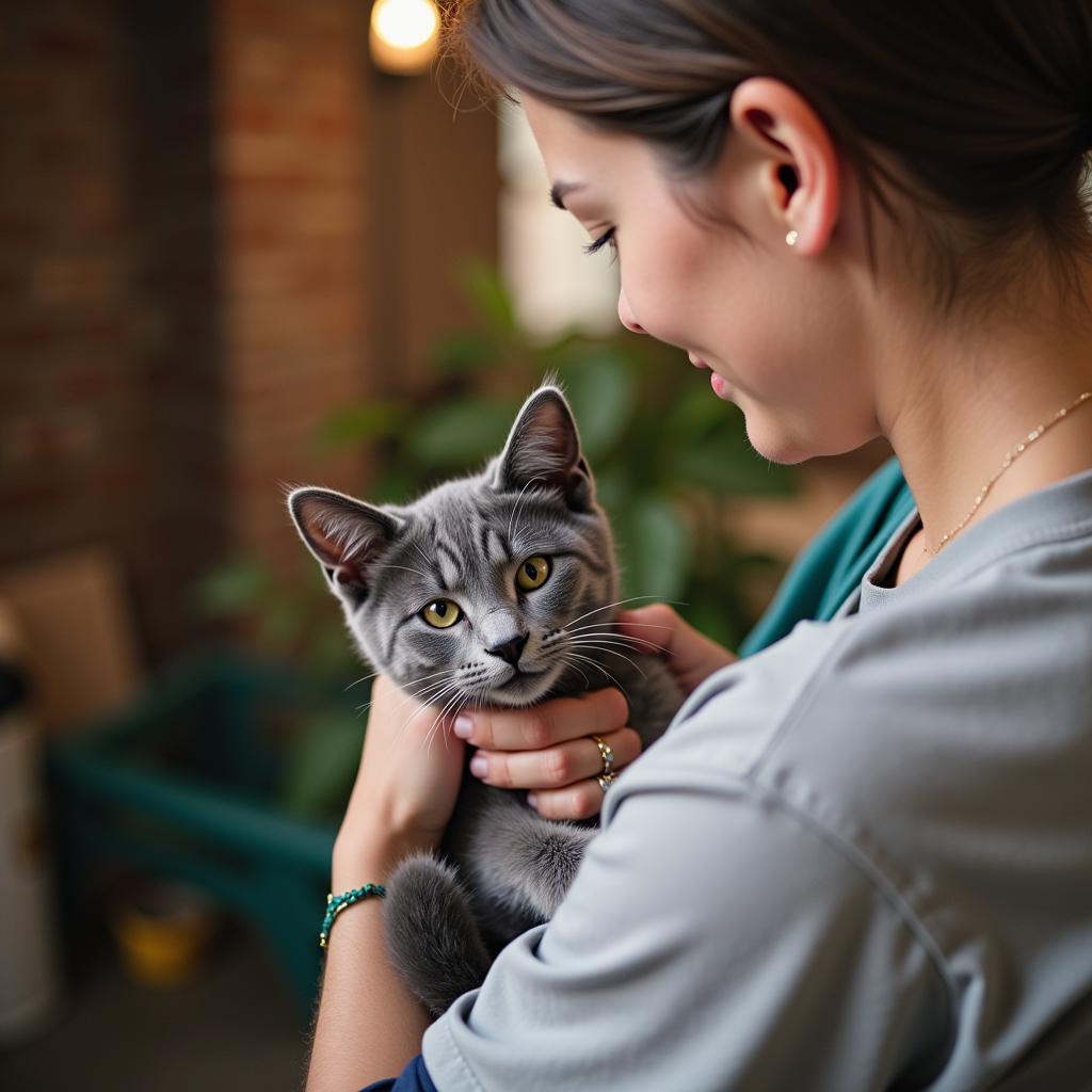 A DCHS volunteer cuddles a cat.