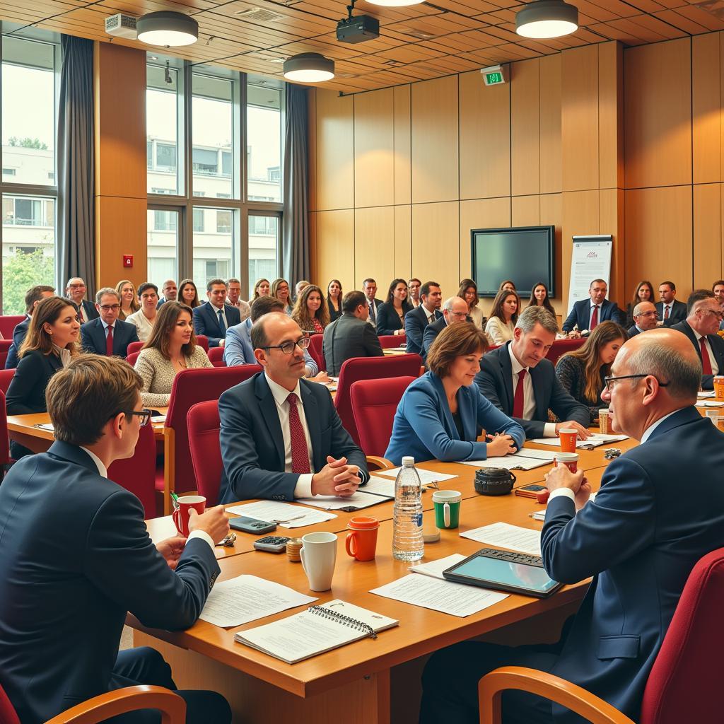 A diverse group of Earl Shilton Building Society members engaged in a lively discussion during the annual general meeting, showcasing their active participation in the society's decision-making process.