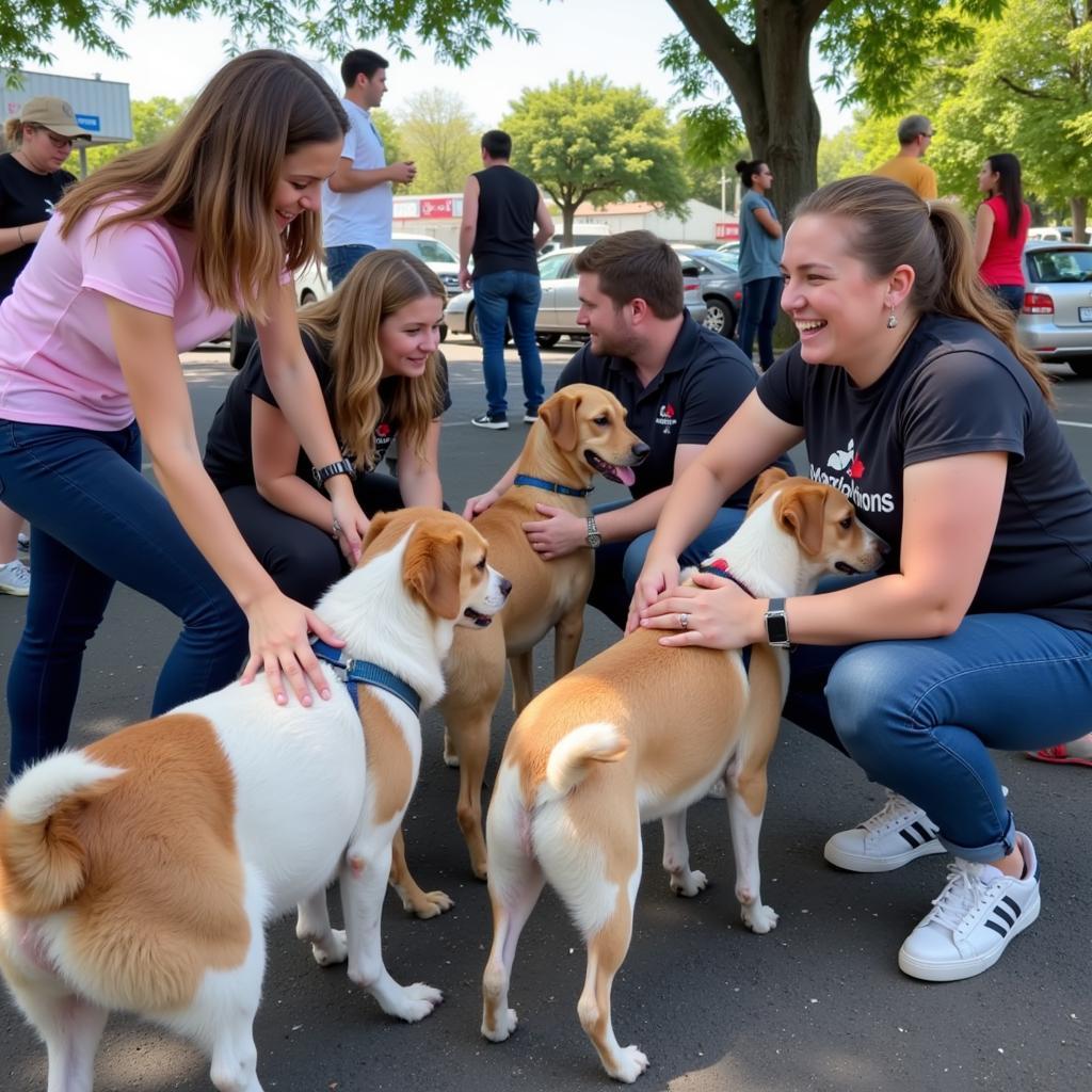 Volunteers interacting with dogs at an East Bay Humane Society adoption event.