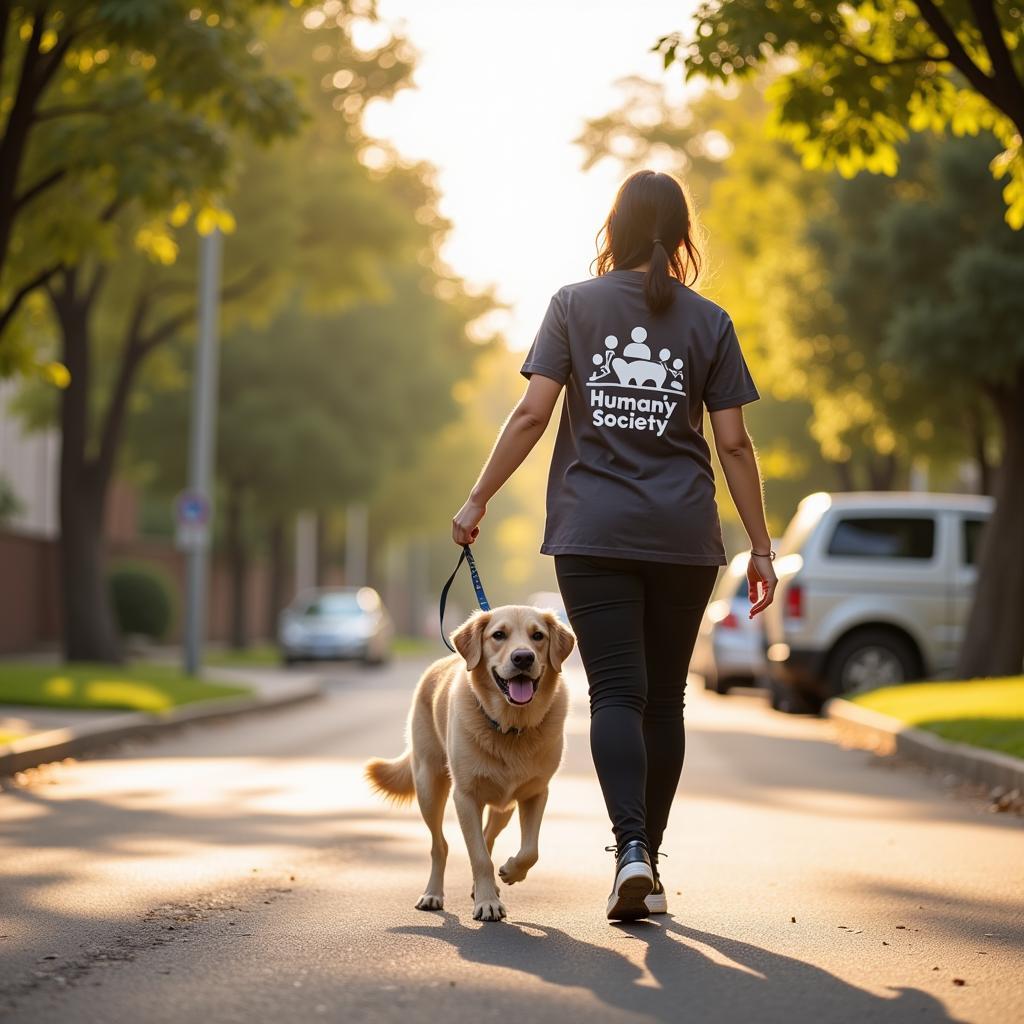 Volunteer walking a dog from the East Bay Humane Society along a tree-lined street.