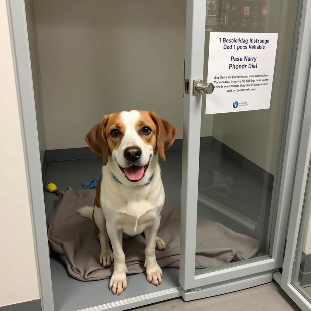 A friendly dog peers out from its kennel at the Eau Claire Humane Society