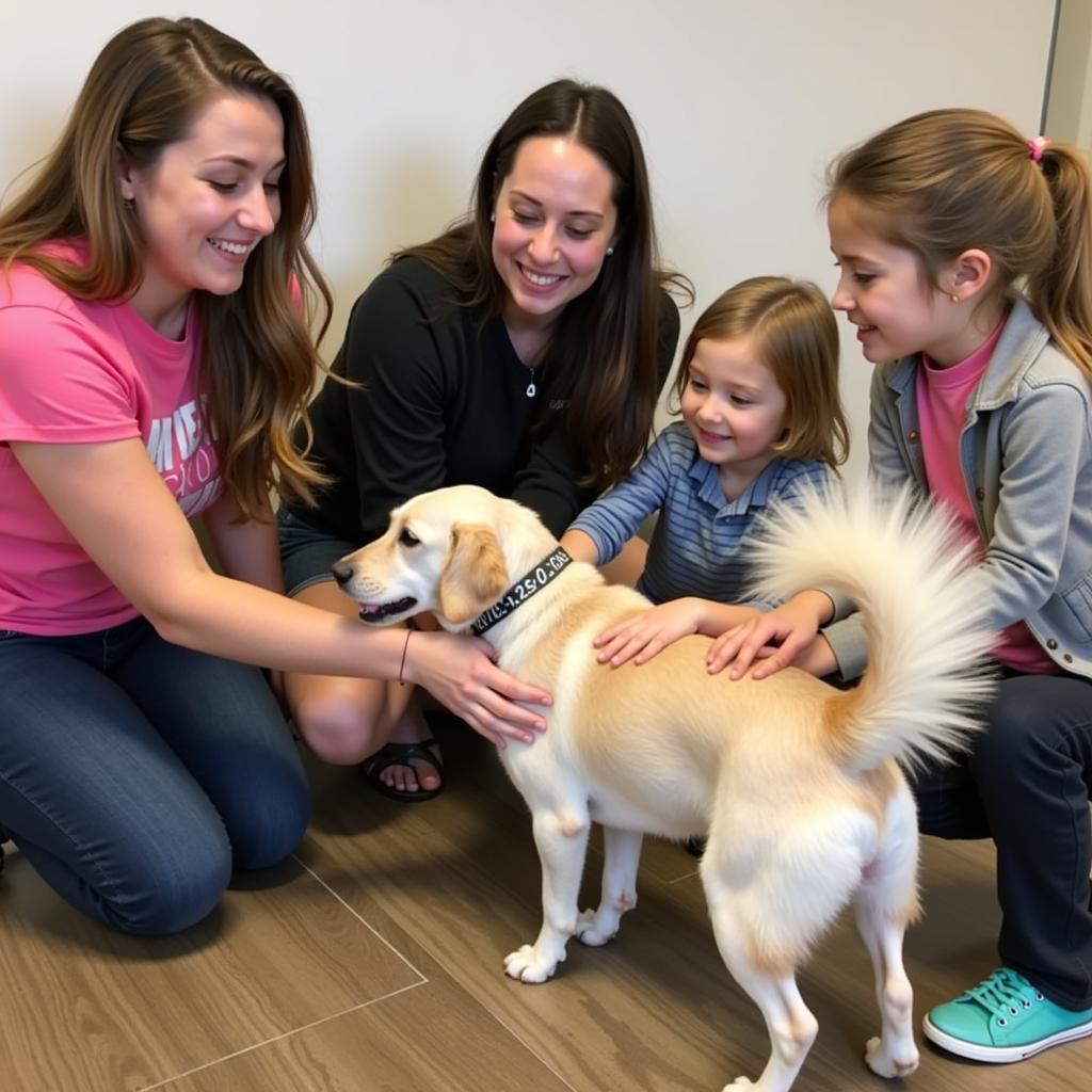 A family interacts with a playful dog during a meet-and-greet at the Eau Claire Humane Society