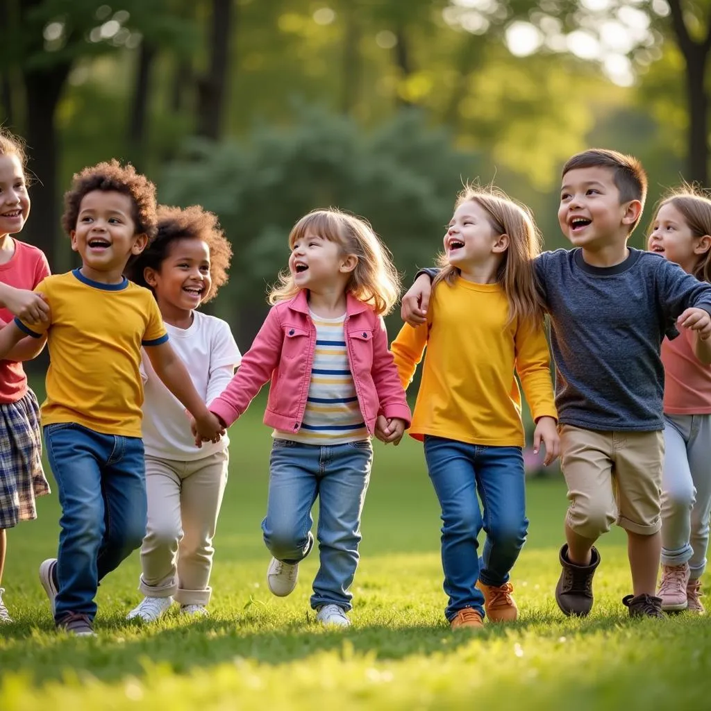 Children from different backgrounds holding hands and laughing together in a park.