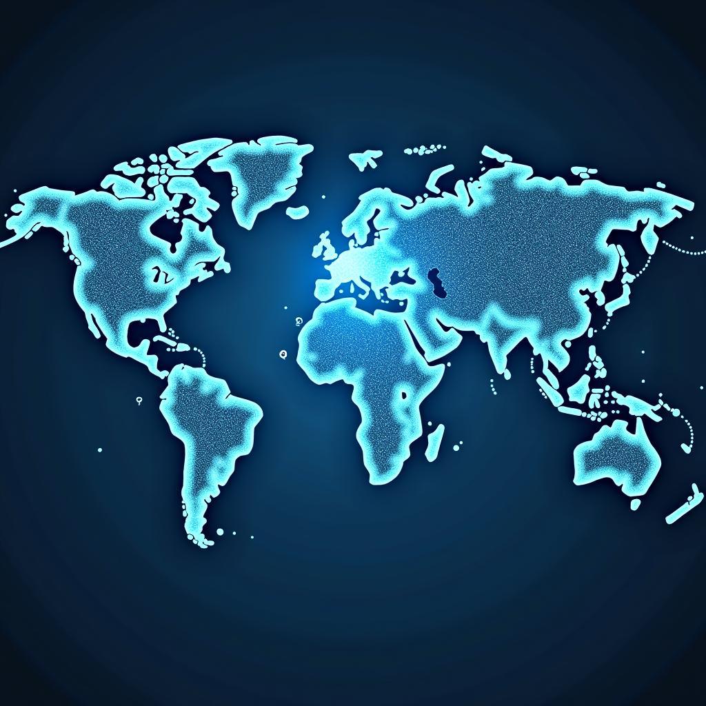 A world map with interconnected lines representing global trade and economic development