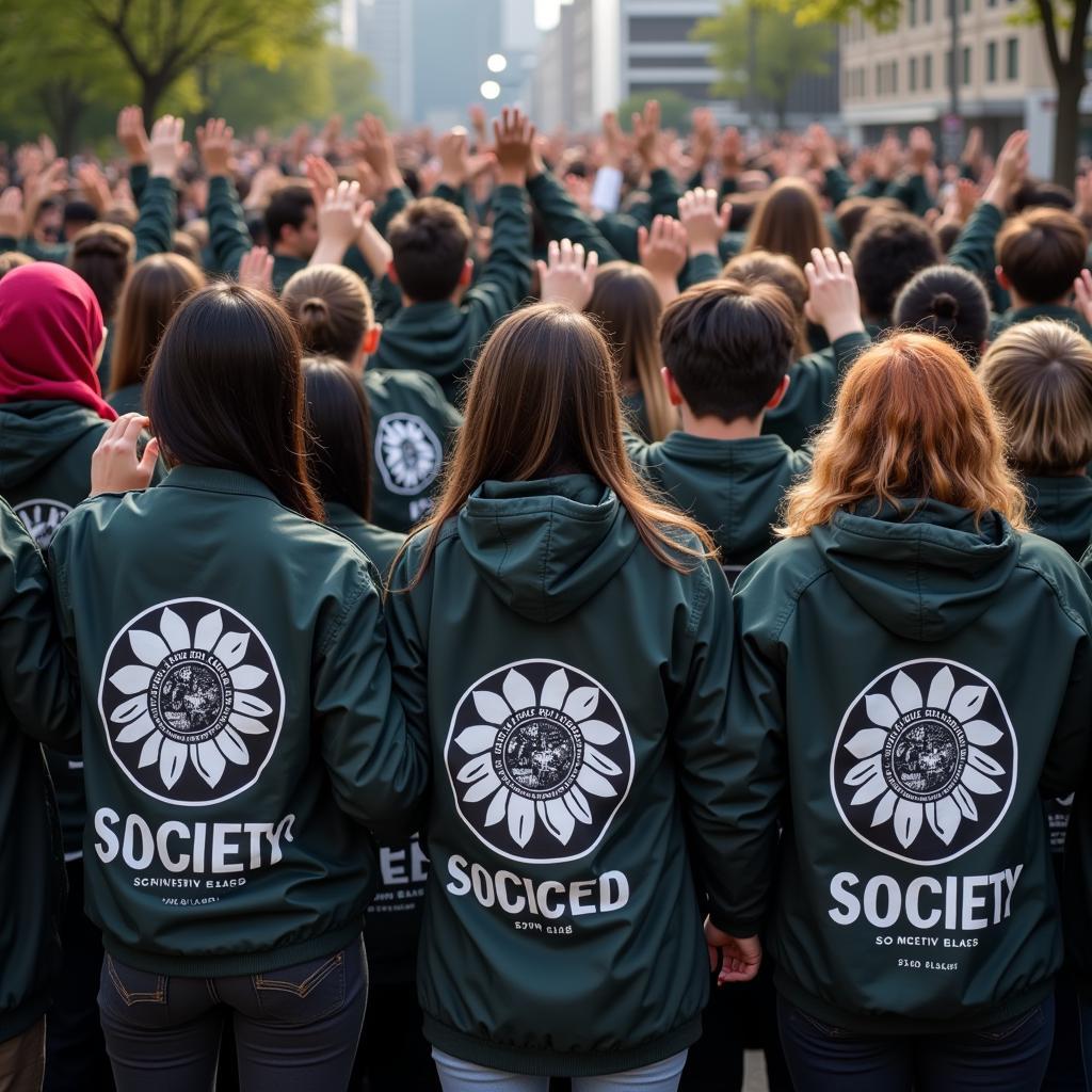 A large group of people wearing the jacket, standing together