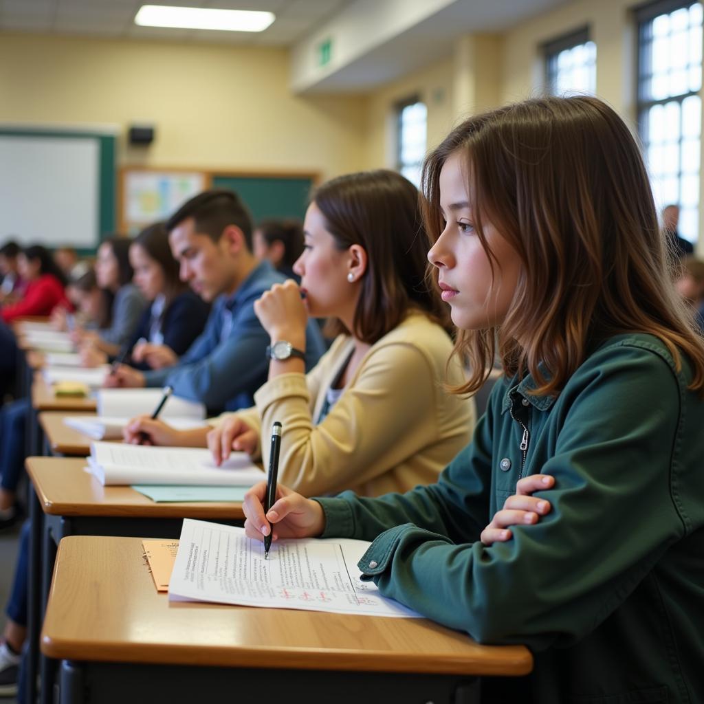 Students taking a standardized test in a classroom