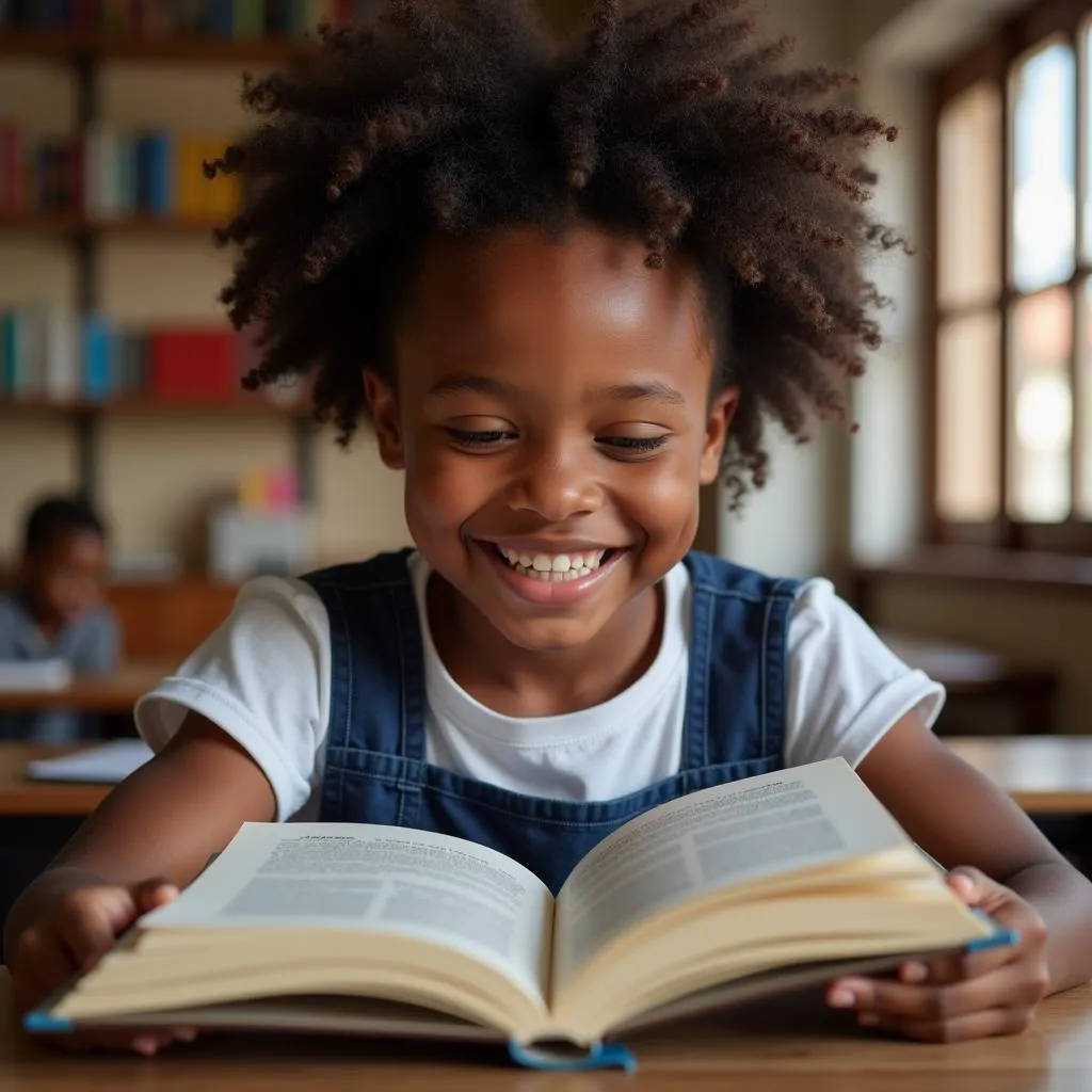 A young student smiling brightly while reading a book