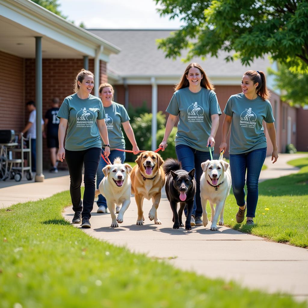 Volunteers walking dogs outside the Elkhart County Humane Society