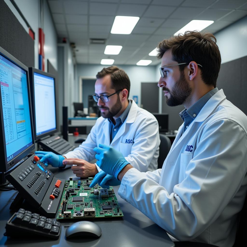 Engineers conducting EMC testing in a specialized laboratory