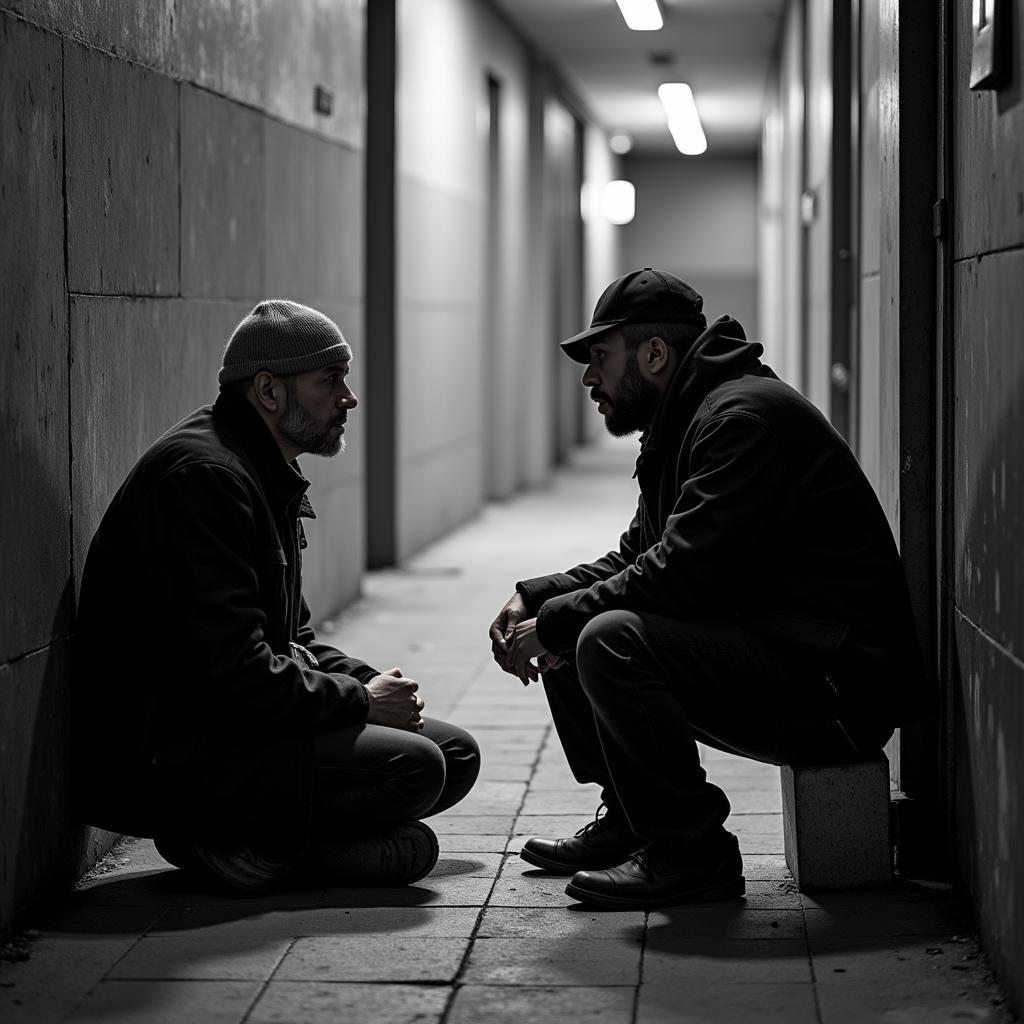 A person engaging in a heartfelt conversation with a homeless individual