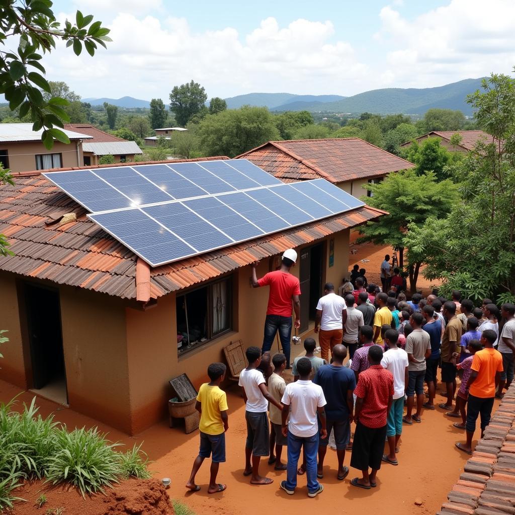 Engineers installing solar panels in a remote village