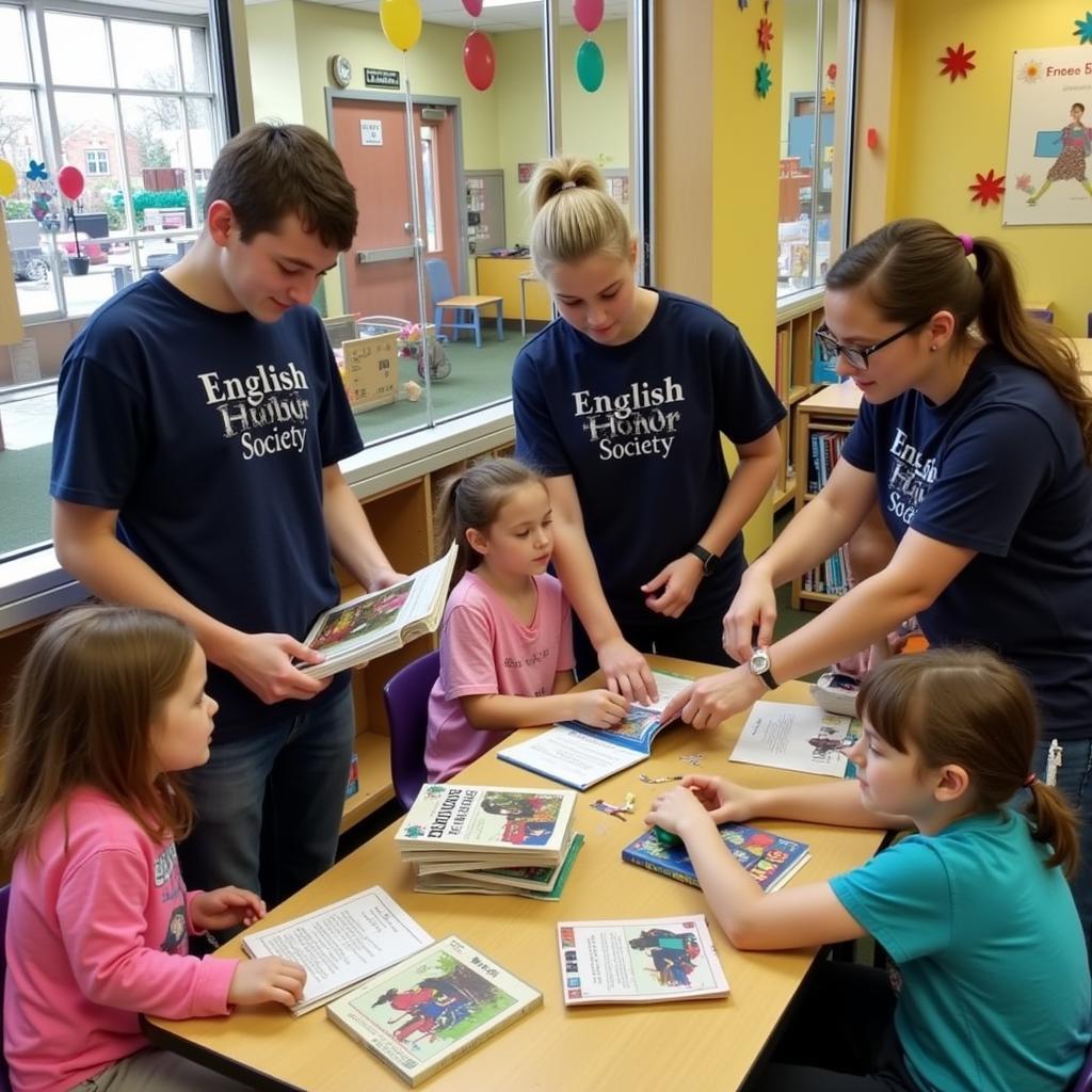 Students volunteering at a local library as part of an English Honor Society project