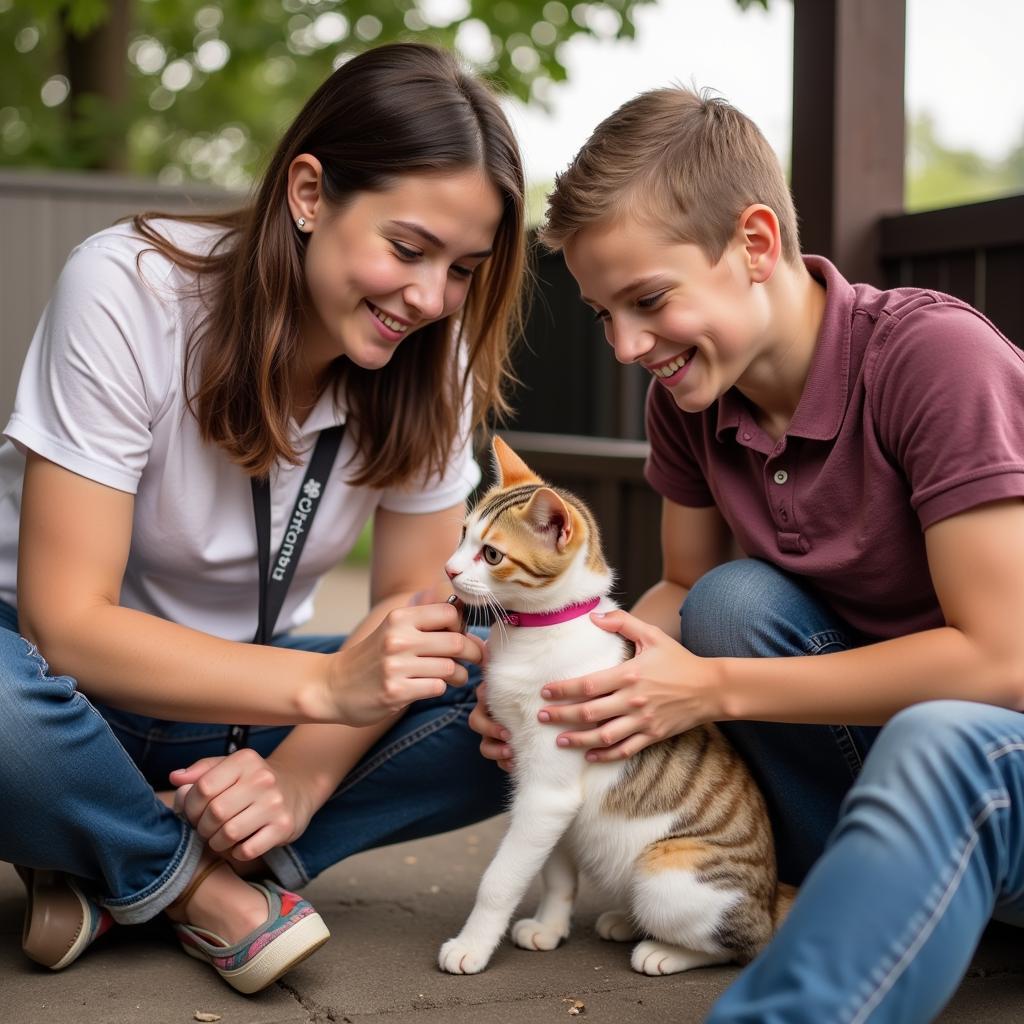 Family meeting a cat at an adoption event at the Espanola Humane Society