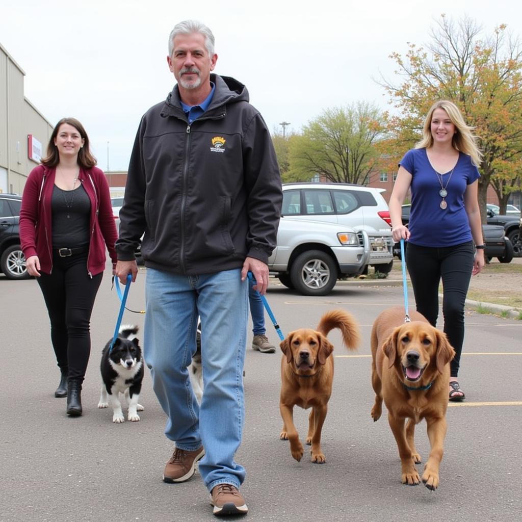 Volunteers walking dogs at the Espanola Humane Society