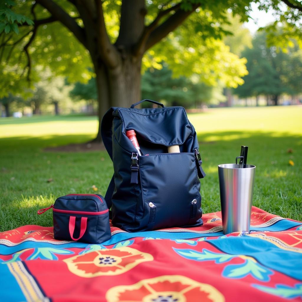 Essential gear for a wine hike laid out on a picnic blanket: backpack, insulated tumbler, wine opener.