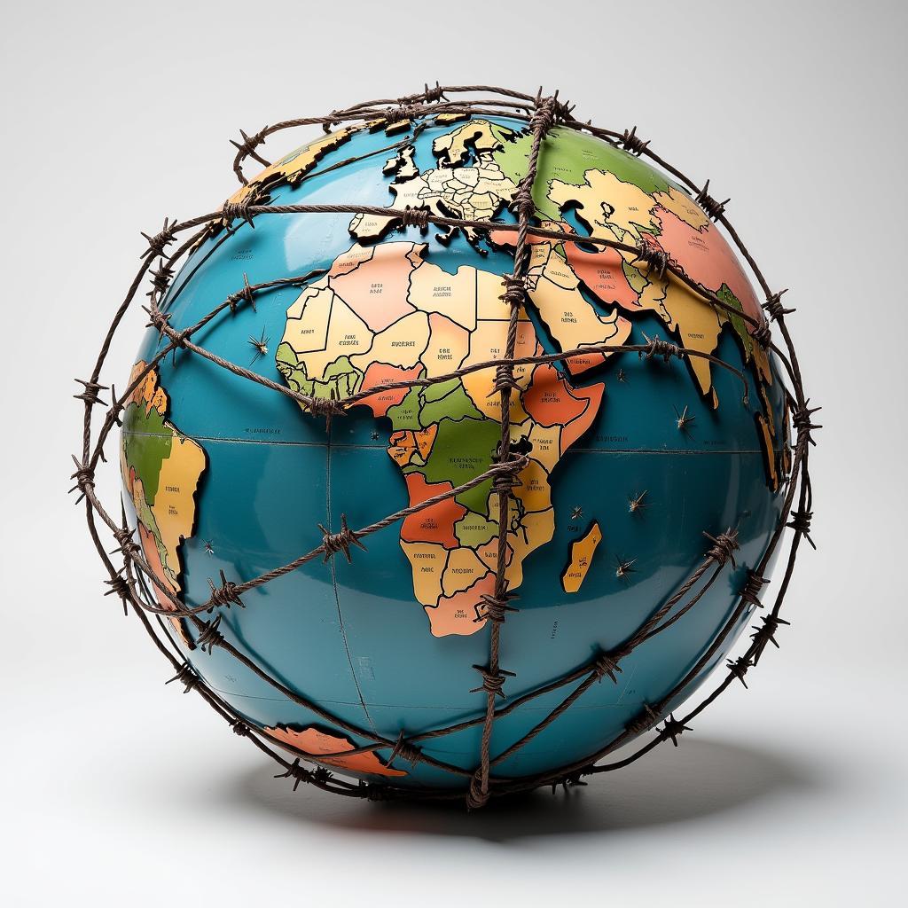 Globe entangled in barbed wire representing ethical dilemmas