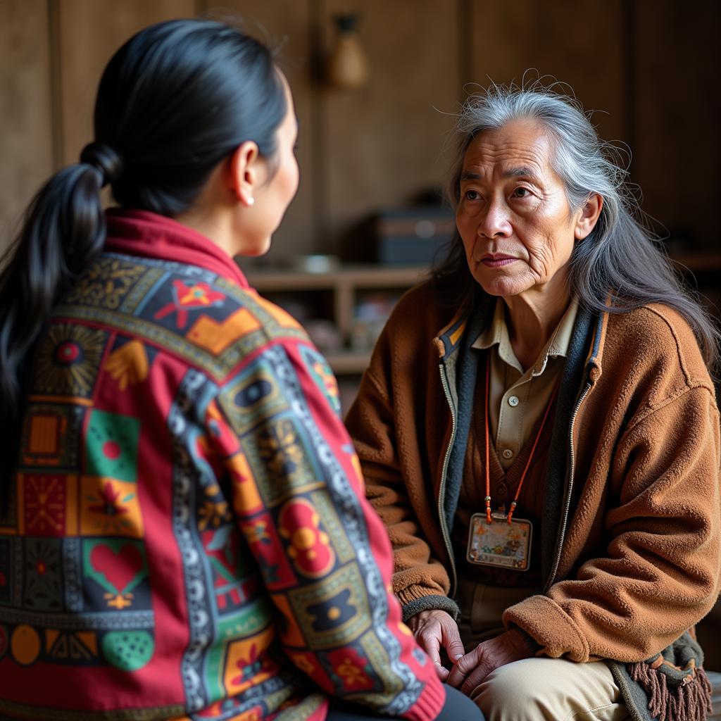 An ethnohistorian interviewing a community elder for their research