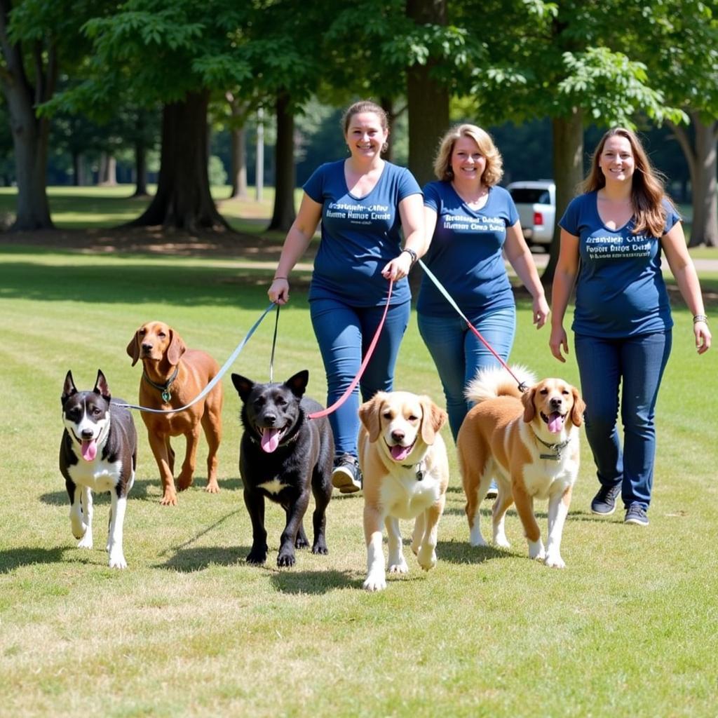 Volunteers walking dogs at the Etowah Valley Humane Society