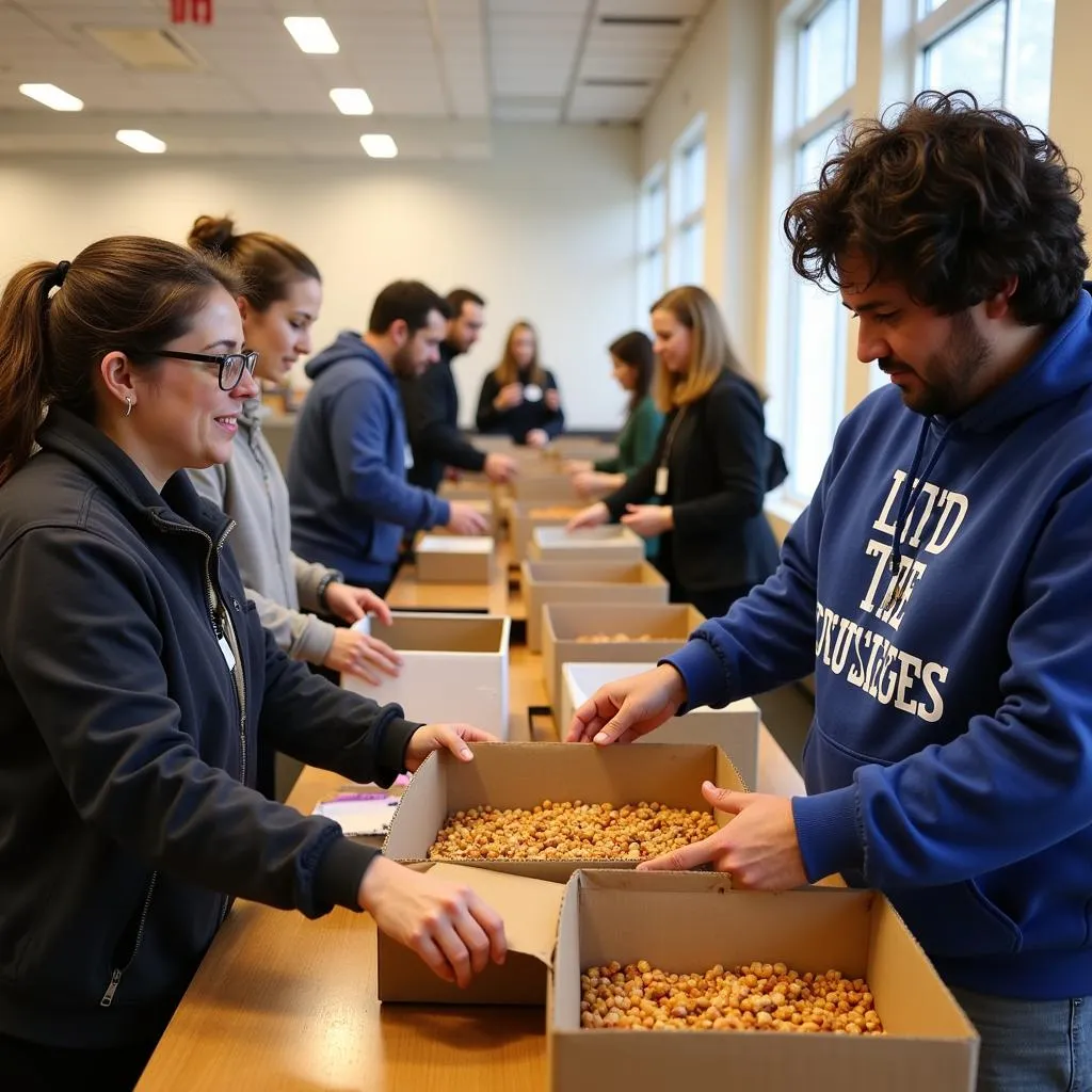 Diverse group of volunteers packing food boxes at a community center