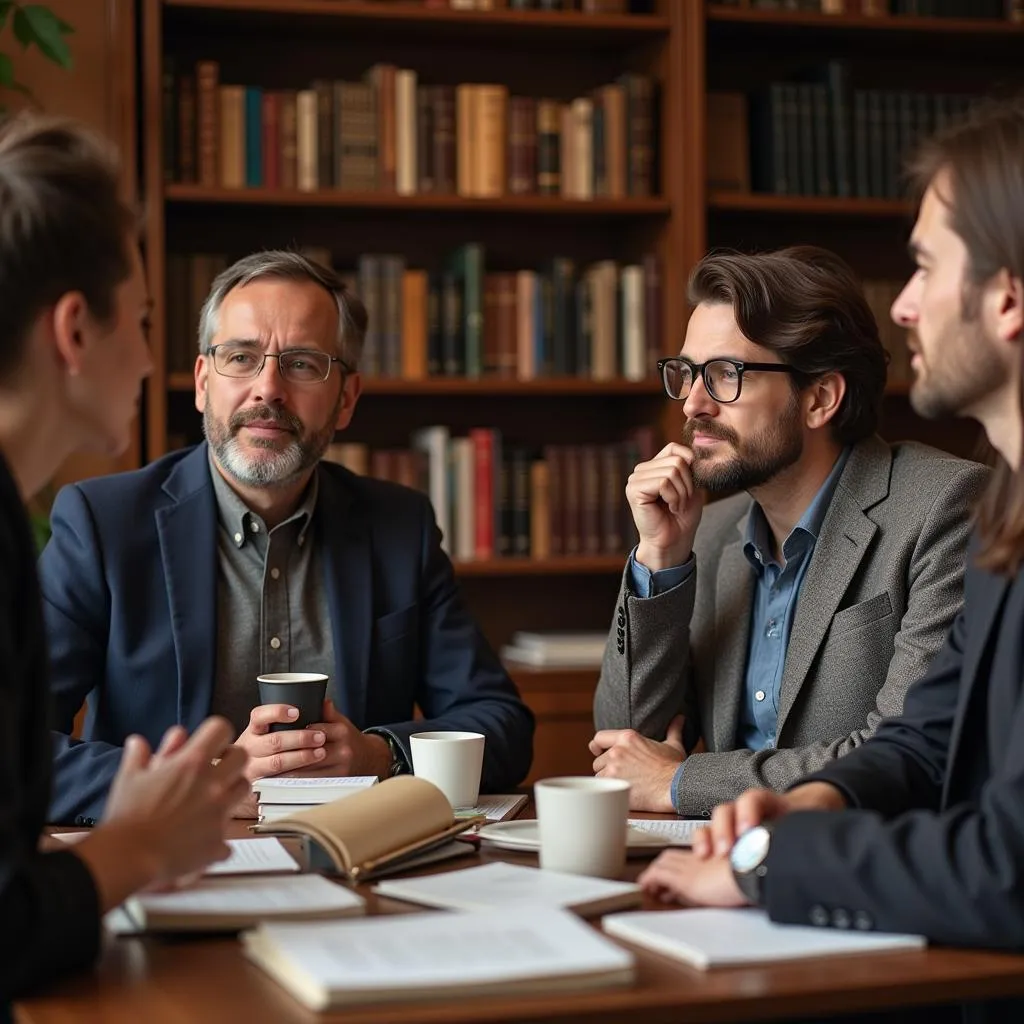 Group of people engaged in discussion, with books and coffee cups on a table