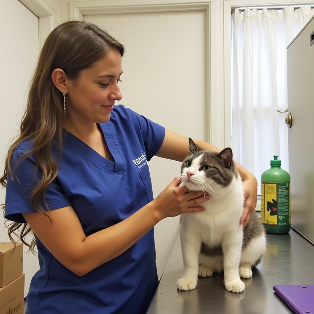 Volunteer comforts a cat at the Ewa Beach Humane Society