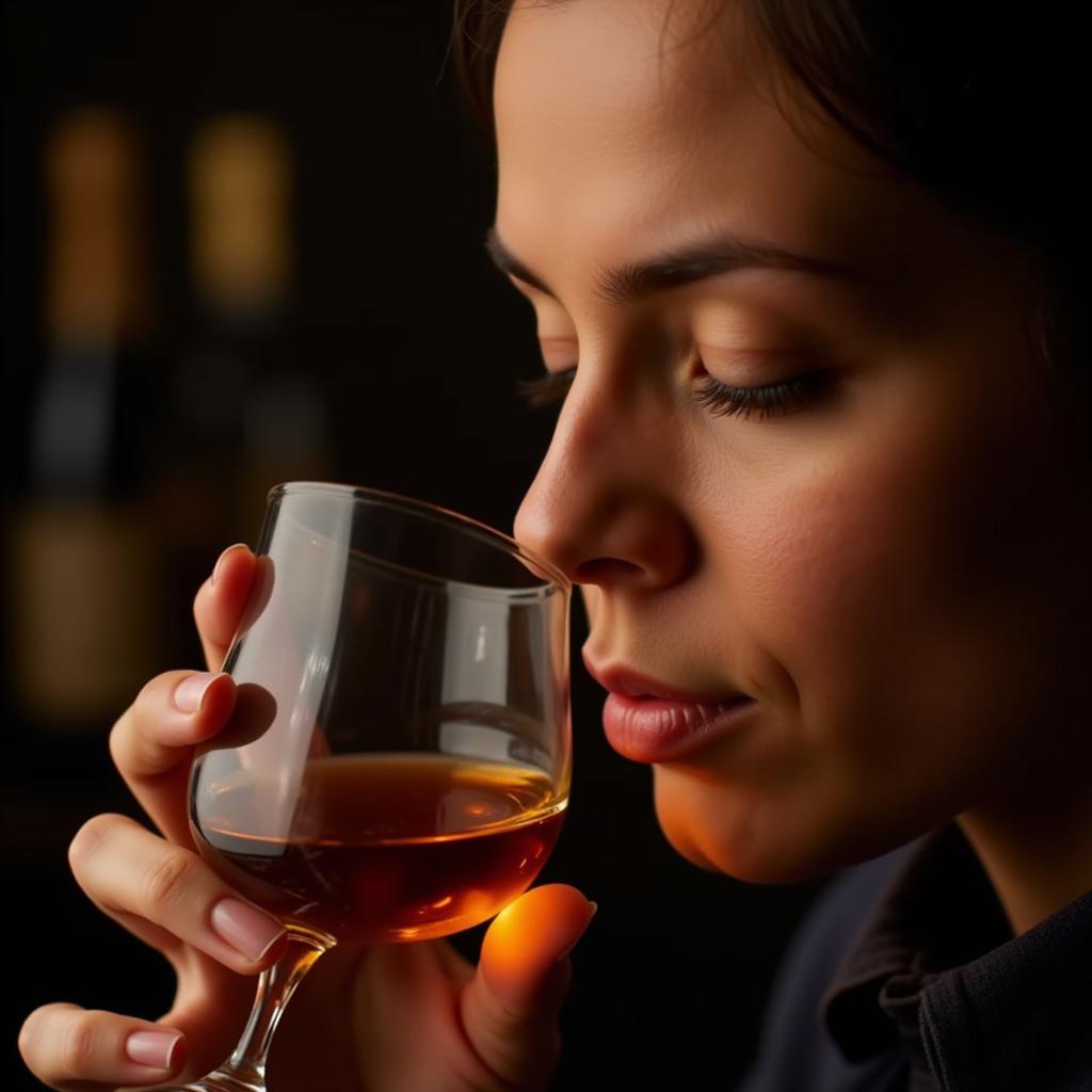 A person deeply inhaling the aroma of a glass of whisky.