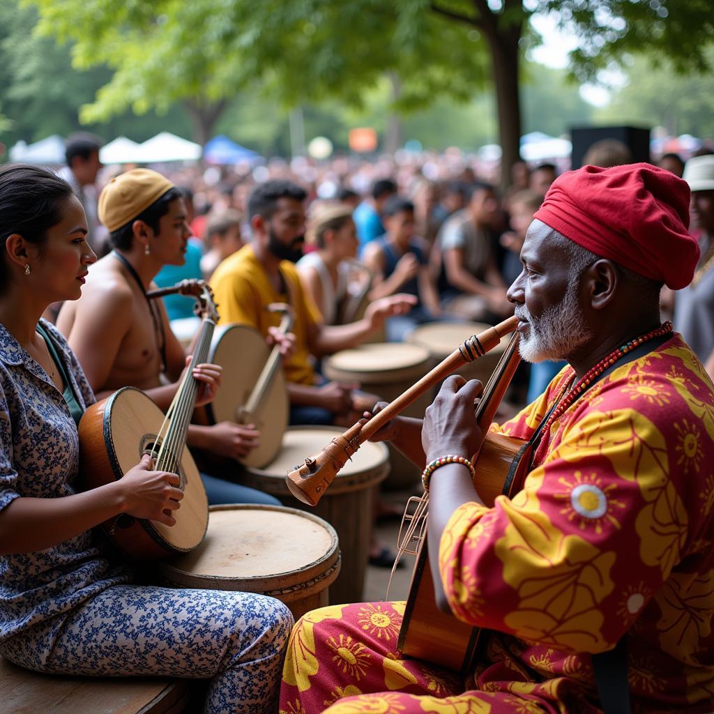 A diverse group of people enjoying a world music concert.