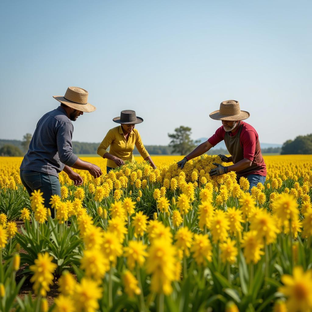 Workers harvesting natural ingredients for makeup products