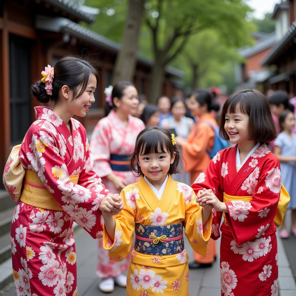 Families dressed in colorful yukata performing Bon Odori