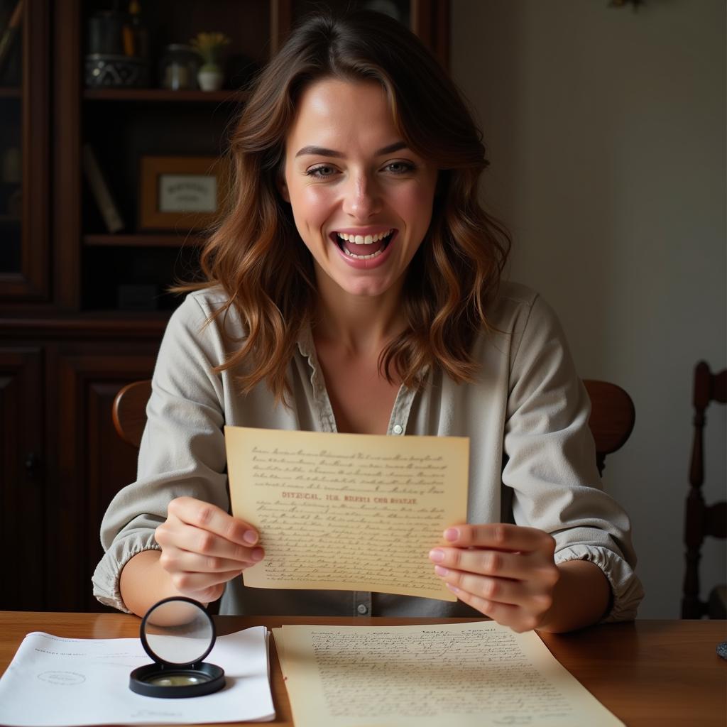 A woman reacts with joy as she uncovers a crucial family history document at SAGHS