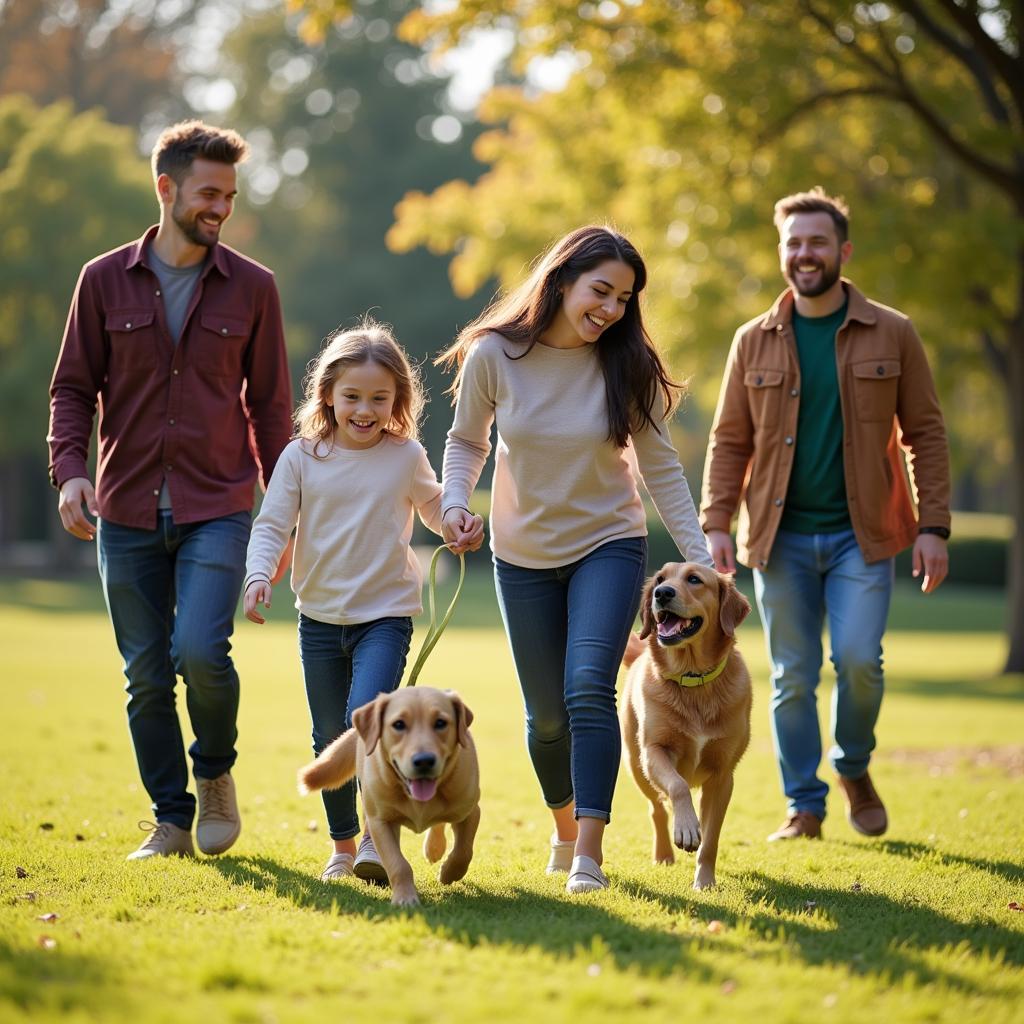 Happy family playing with their adopted dog in the park