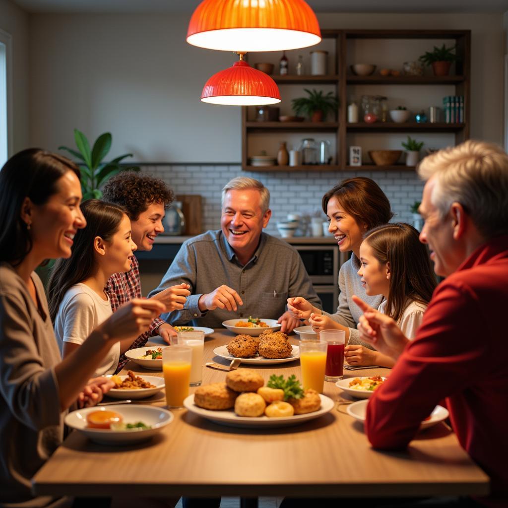 A family joyfully sharing a meal at a Dish Society restaurant, capturing the warmth and connection fostered within its walls.