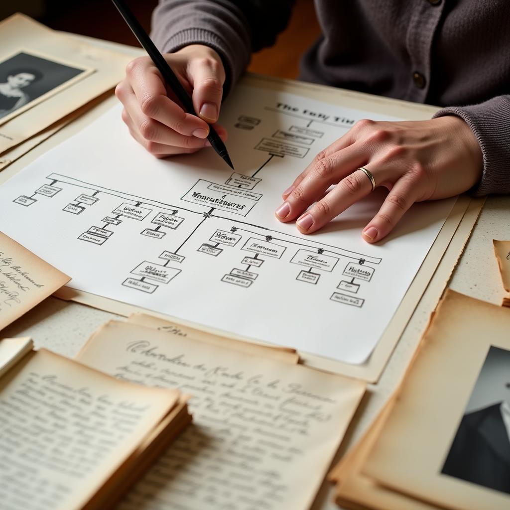 A person sketching a family tree with documents spread on a table at the Bucks County Genealogical Society