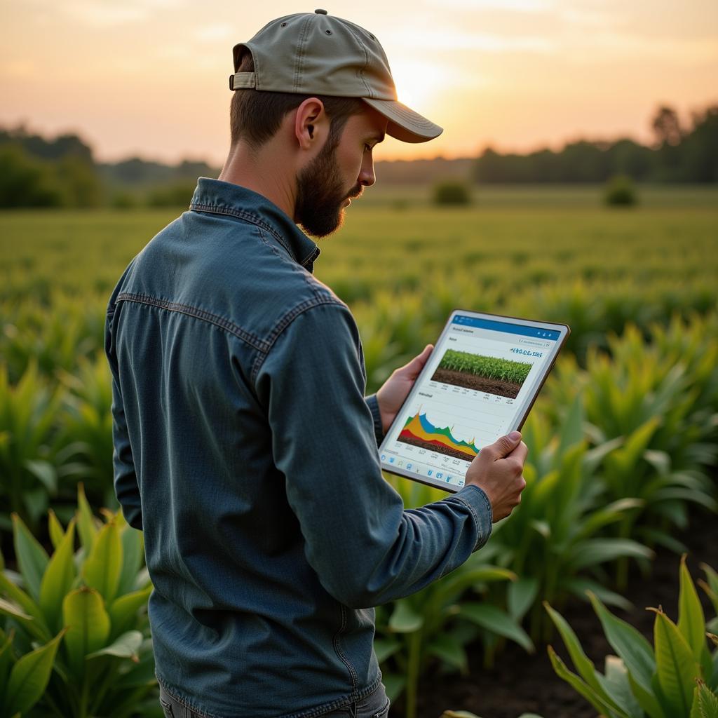 Farmer utilizing a tablet for data visualization in the field