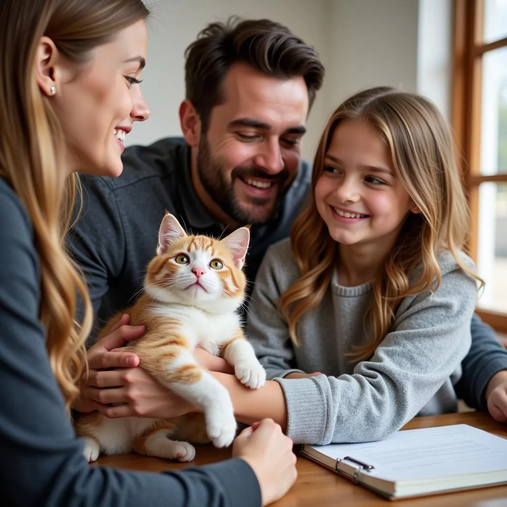 A happy family adopting a cat from the Farmington Humane Society