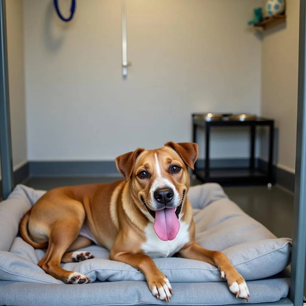 Dog in a clean and spacious kennel at Farmington Humane Society