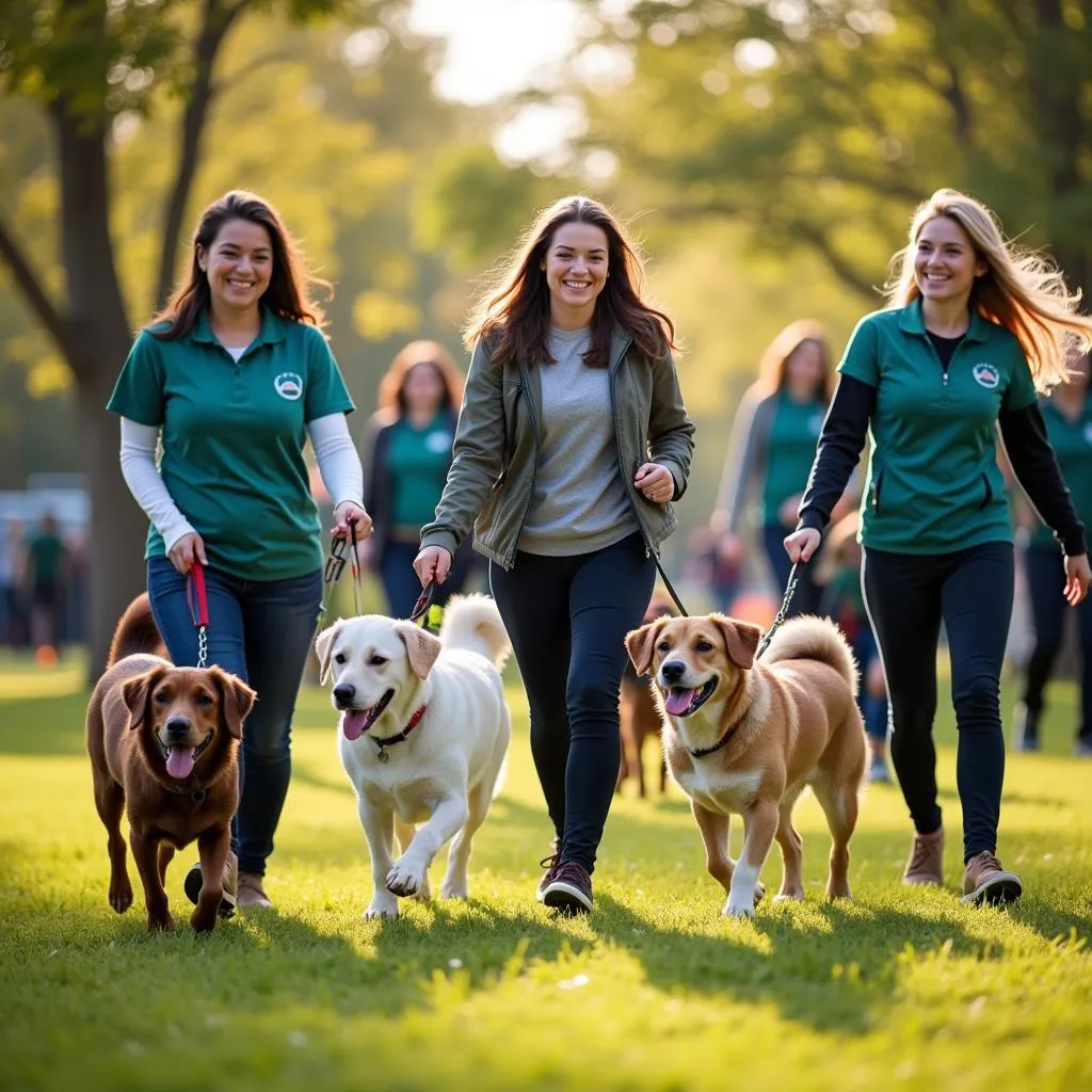 Volunteers walking dogs at the Farmington Humane Society