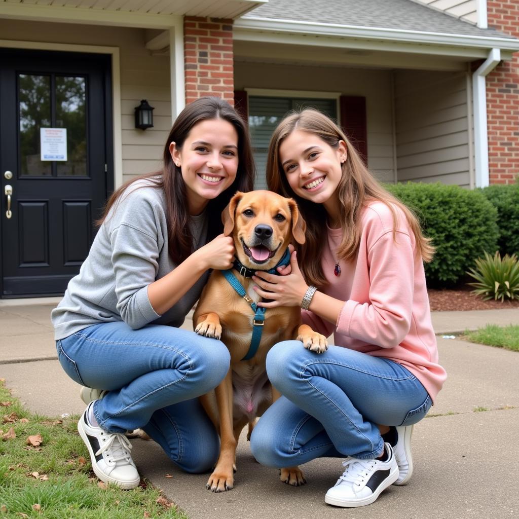  A happy family poses with their newly adopted dog outside the Fayetteville Humane Society, highlighting the joy and fulfillment of pet adoption.