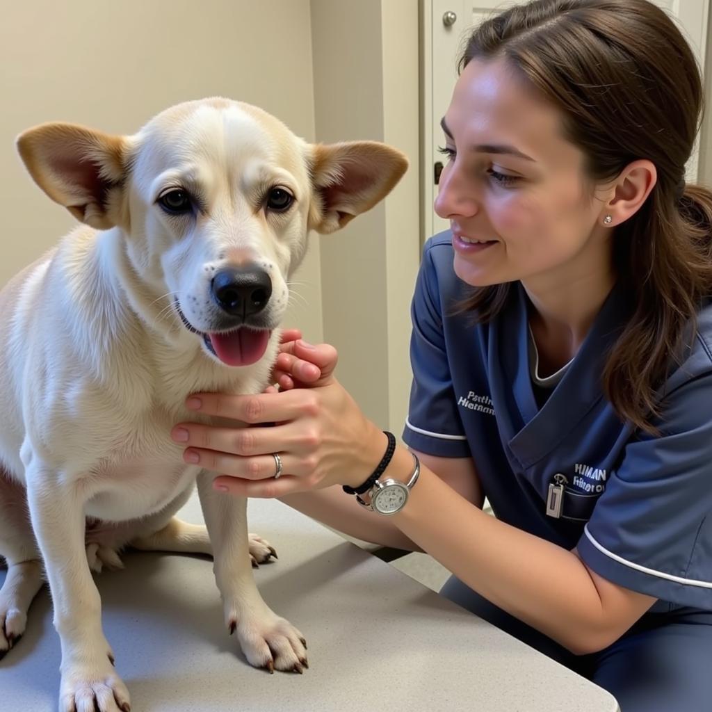 Fayetteville Humane Society animal care team member providing care for a rescued dog