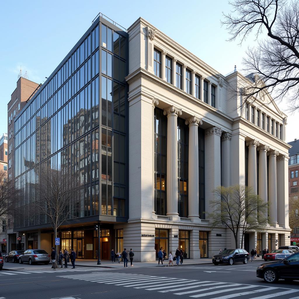 The grand facade of the Federation of Hellenic Societies of Greater New York building, adorned with Greek architectural elements.