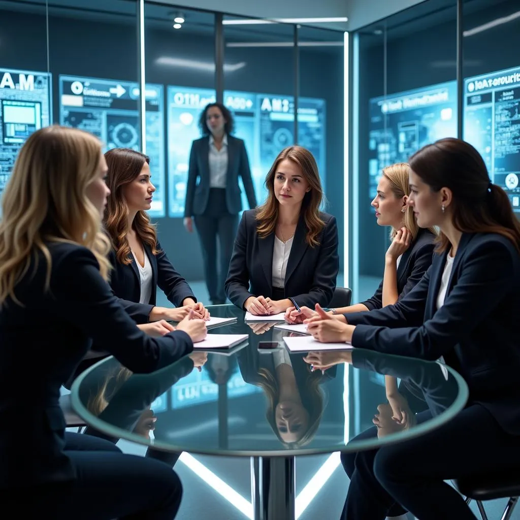 A diverse group of women leaders in a futuristic society.