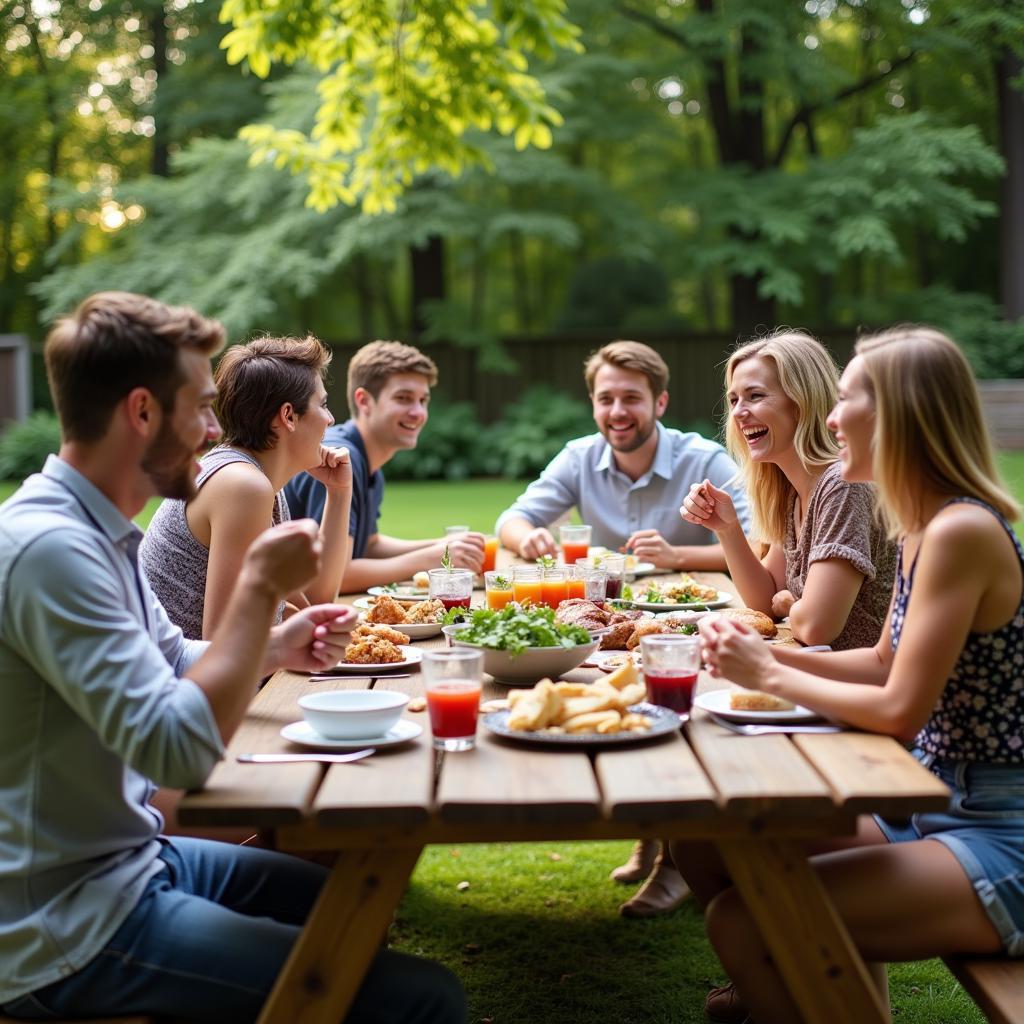 Fenway Garden Society members enjoying a potluck lunch in the garden