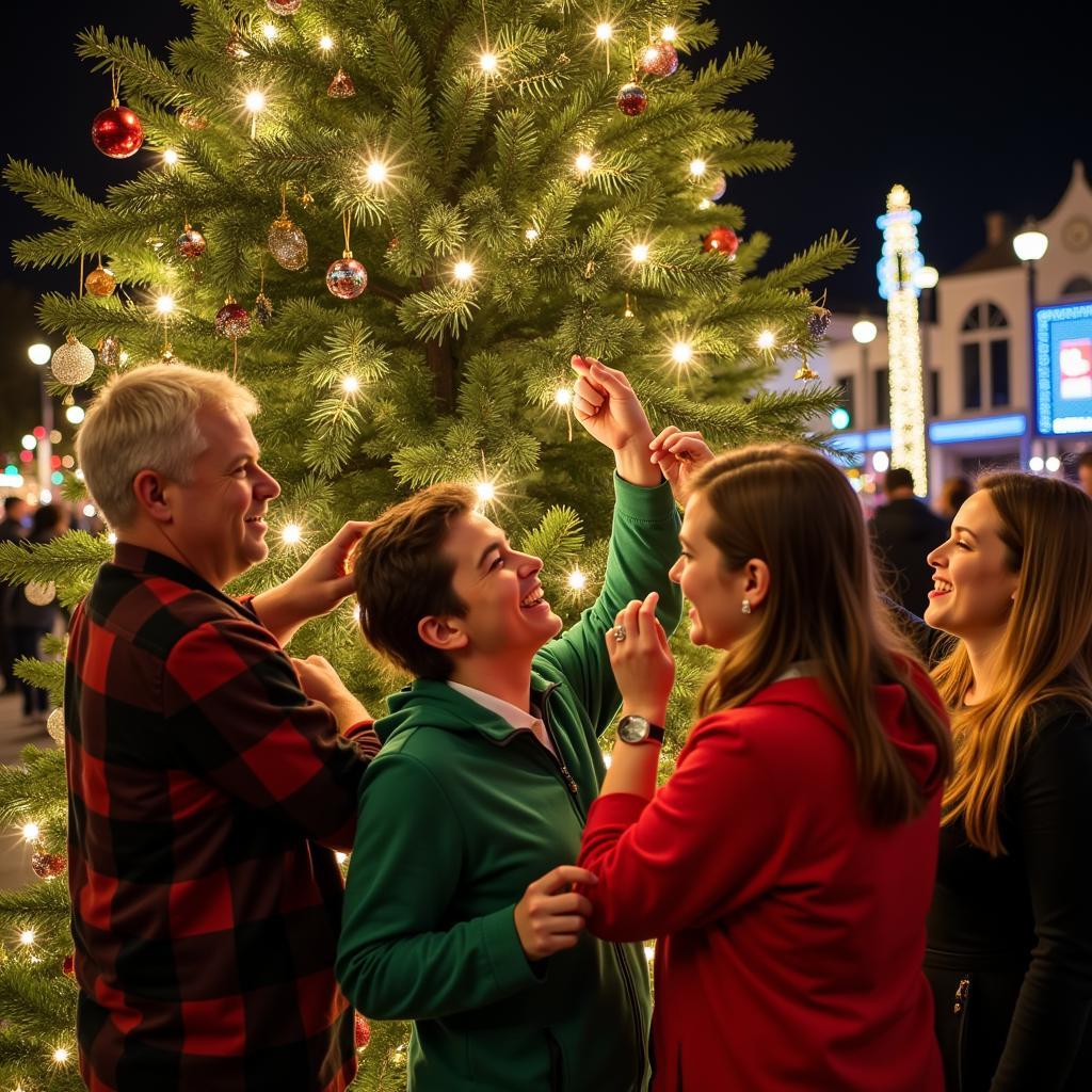 Volunteers work together to decorate a tree for the Mass Horticultural Society Festival of Trees.