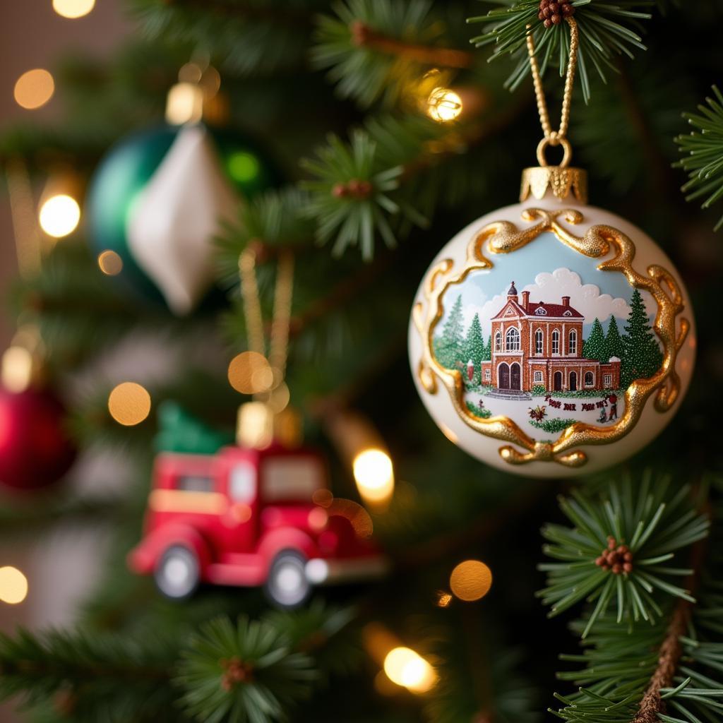 Close-up of historical ornaments at the Indiana Historical Society Festival of Trees