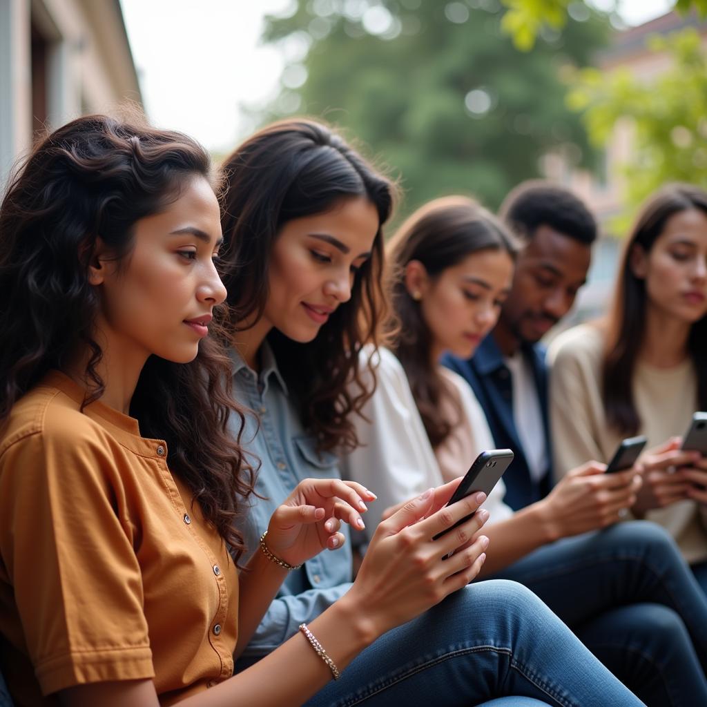  A diverse group of individuals accessing financial services through a mobile phone, symbolizing the potential of blockchain to promote financial inclusion. 