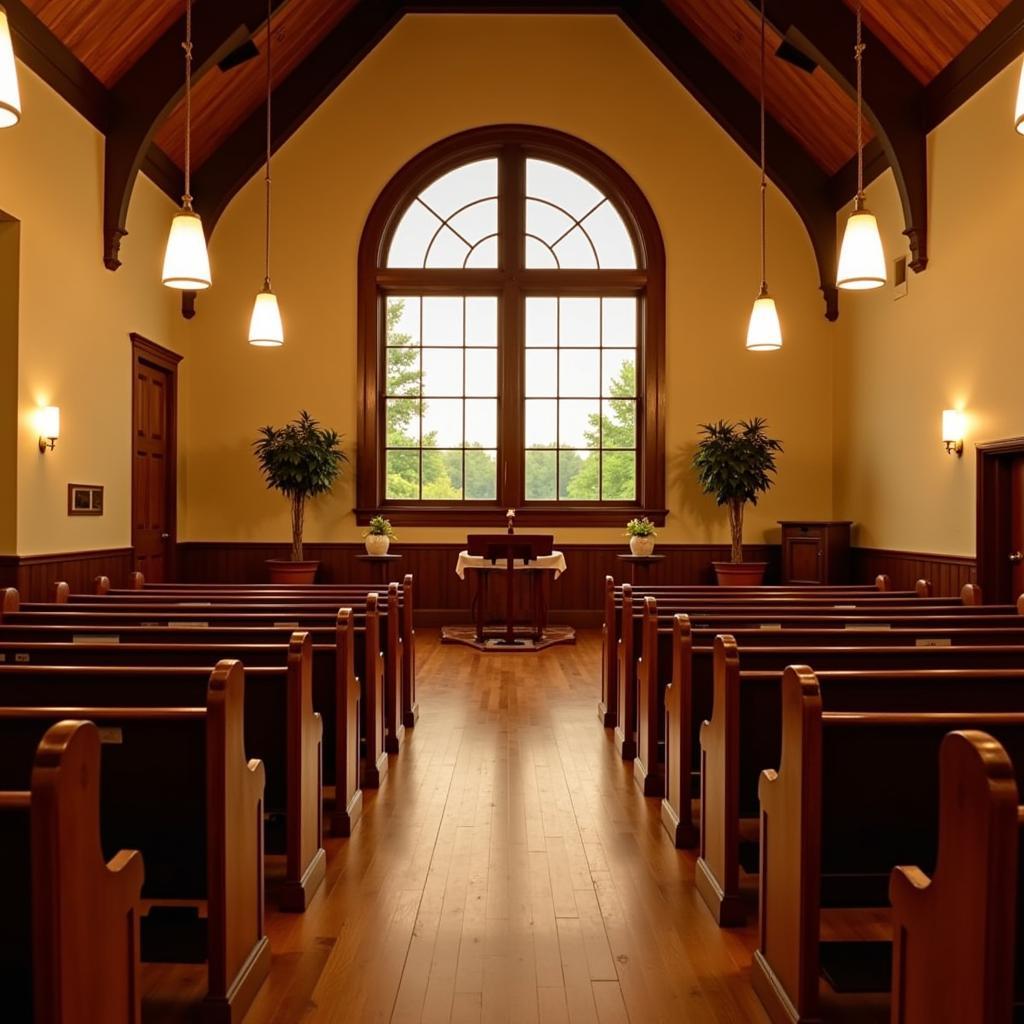  A view of the interior of the First Unitarian Universalist Society of Burlington sanctuary during a service with attendees listening attentively. 