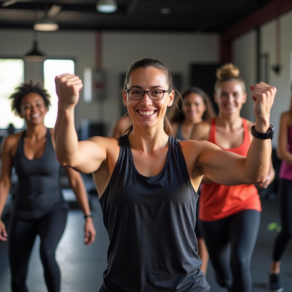 Fitness instructor guiding a diverse class